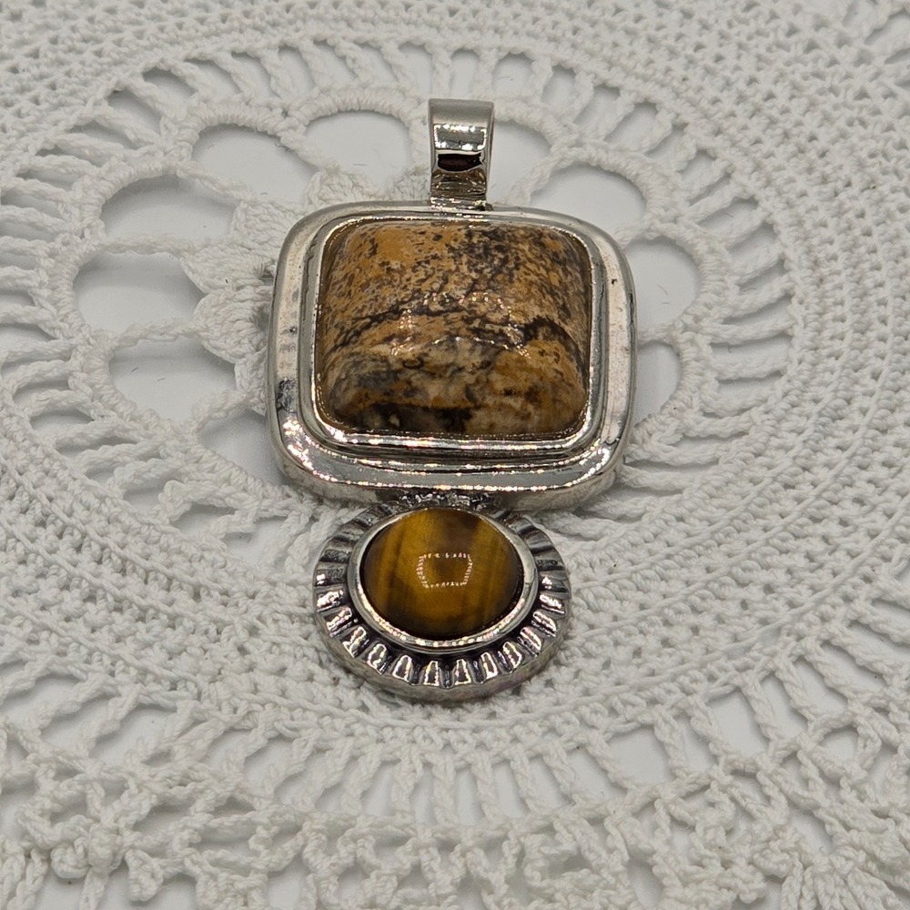 Vintage ROMAN Stone and Tigers Eye Silver Tone Pendant Brown - Picture 2 of 10